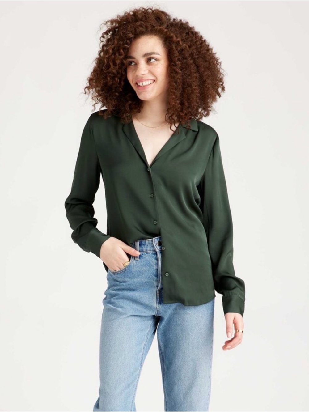 Quince Forest Green Button-Down Blouse